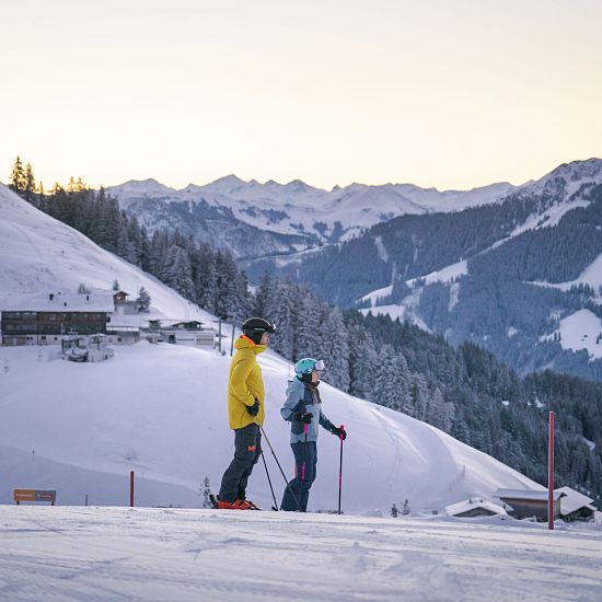 Skifahrer stehen am Hang und betrachten die Berge um sich herum.