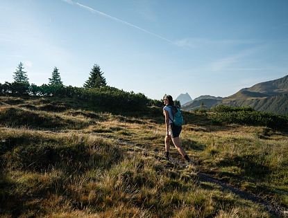 A person hikes on a grassy path with mountains in the background under a clear blue sky.