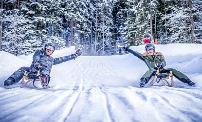 Two people sledding down a snowy slope in a forest, smiling and raising their arms, surrounded by snow-covered trees.
