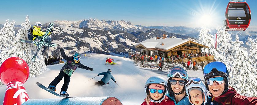 Winterliche Ski- und Snowboardszene in den Bergen mit verschneiten Bäumen, strahlend blauem Himmel und lächelnden Menschen in bunter Skiausrüstung.