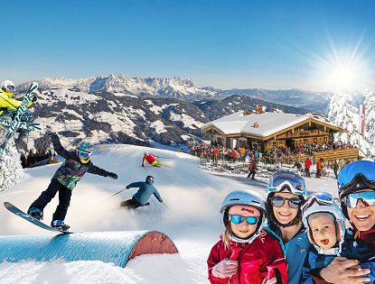 Winterliche Ski- und Snowboardszene in den Bergen mit verschneiten Bäumen, strahlend blauem Himmel und lächelnden Menschen in bunter Skiausrüstung.