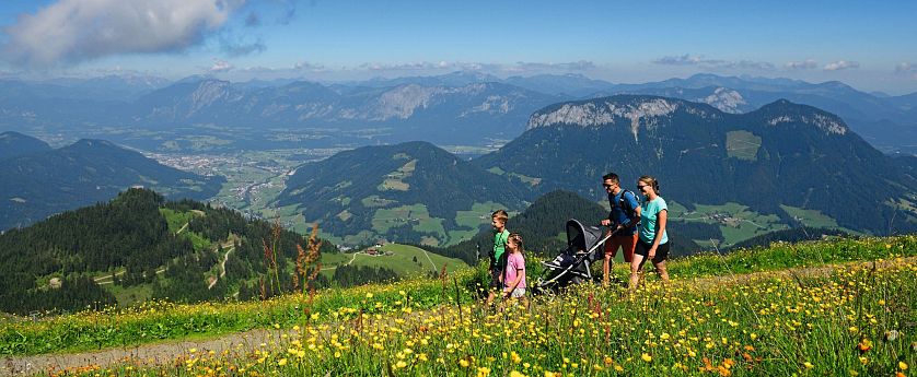Familie wandert auf einem blühenden Almweg mit einem Kinderwagen, umgeben von Bergen und Talansicht in der Ferne.