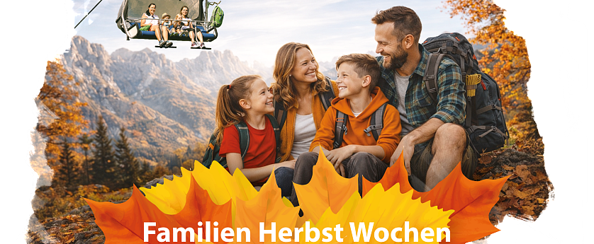 Grafik mit bunten Herbstblättern und dem Schriftzug: Familien Herbst Wochen 20.09. – 02.11.2025 – Kinder bis 15 Jahre fahren frei!