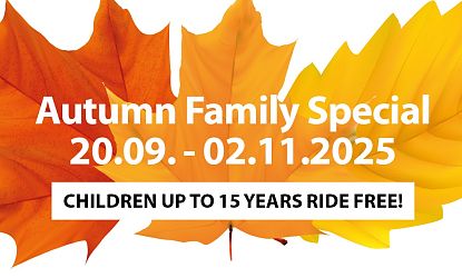 Colorful autumn leaves with text: Autumn Family Special, 20.09.-02.11.2025, children up to 15 years ride free.