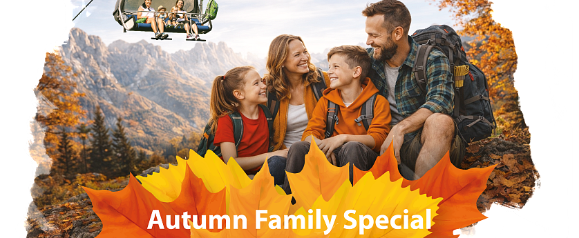 Graphic with colorful autumn leaves and the text: Family Autumn Weeks 20.09 – 02.11.2025 – Children up to 15 years ride free!