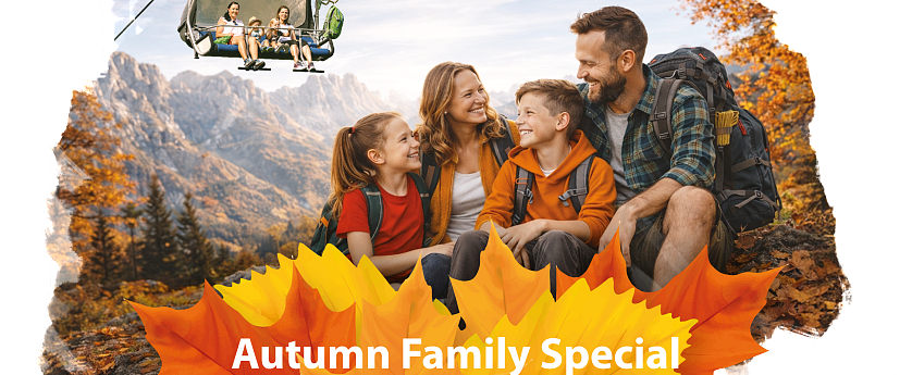 Graphic with colorful autumn leaves and the text: Family Autumn Weeks 20.09 – 02.11.2025 – Children up to 15 years ride free!