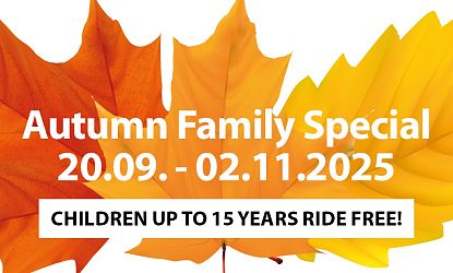 Heldere herfstsfeer met gekleurde bladeren en tekst over een familiespecial: gratis ritten voor kinderen tot 15 jaar van 20.09 tot 02.11.2025.