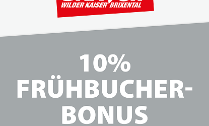 Graues Werbebild mit rotem Logo oben, darauf Text "SkiWelt Wilder Kaiser Brixental". Darunter steht in großen weißen Buchstaben: "10% Frühbucher-Bonus".