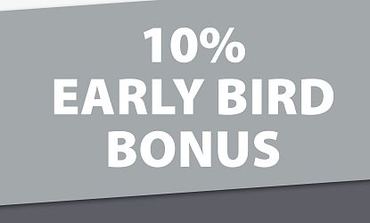 Text on a gray background reads '10% Early Bird Bonus' in white bold letters, promoting a special offer for early customers.