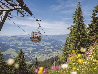 Eine Seilbahnkabine schwebt über einer grünen, hügeligen Landschaft mit Bergen im Hintergrund. Es ist ein klarer, sonniger Tag.