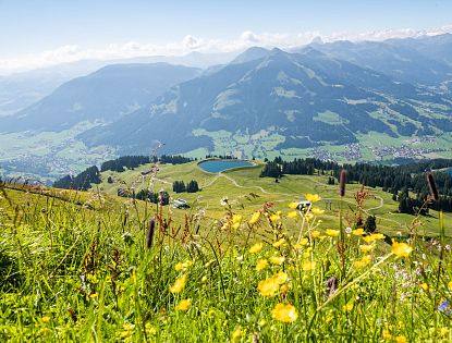 Berglandschaft mit grünem Tal, kleinem See und blauen Bergen im Hintergrund unter leicht bewölktem Himmel.
