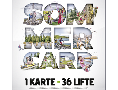 Collage mit Bildern von Sommeraktivitäten in den Bergen, darunter Radfahren, Wandern und Landschaften. Wörter "SOMMER CARD" sind sichtbar.