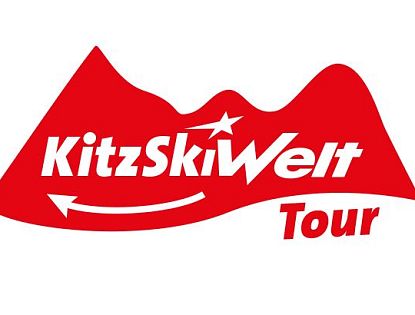 Rotes Logo mit stilisiertem Berg, dem Schriftzug "KitzSkiWelt" und dem Zusatz "Tour". Ein weißer Pfeil zeigt nach rechts unten.