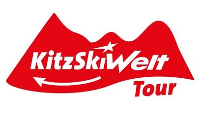 Rotes Logo mit stilisiertem Berg, dem Schriftzug "KitzSkiWelt" und dem Zusatz "Tour". Ein weißer Pfeil zeigt nach rechts unten.