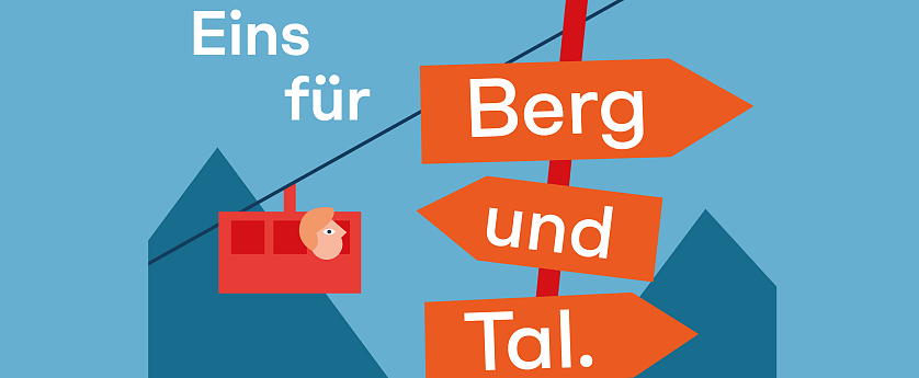 Grafik mit roter Seilbahn und orangen Wegweisern mit der Aufschrift „Berg“, „und“, „Tal“ vor blauer Bergkulisse und dem Text „Eins für“