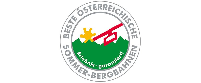 Logo Sommer Bergbahnen Tirolm Werbung mit einer gelben Sonne, einer roten Gondel und grüner Landschaft