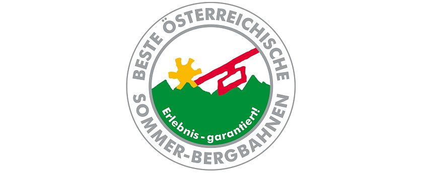 Logo with green mountains, yellow sun, and red rail icon, surrounded by text in German promoting Austrian summer mountain railways.