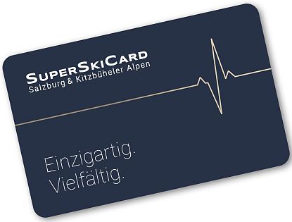 Dark blue card with 'SuperSkiCard' and a heartbeat line, hinting at skiing in Salzburg & Kitzbüheler Alpen.