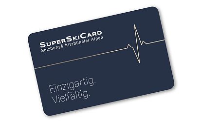 Donkere kaart met lijntekening van een hartslag en tekst 'Einzigartig. Vielseitig.' over skigebiedstoegang in Salzburg en de Kitzbüheler Alpen.