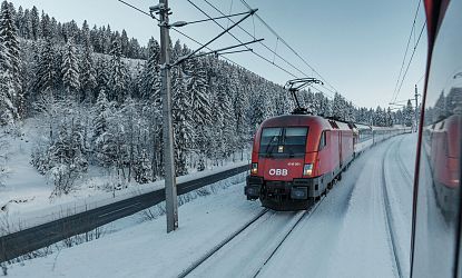 Rode trein in sneeuwlandschap met besneeuwde bomen en rail.