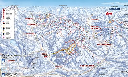 Karte eines Skigebiets mit markierten Pisten, Liften und Bergspitzen. Die umliegenden Orte und Routen sind farblich dargestellt.