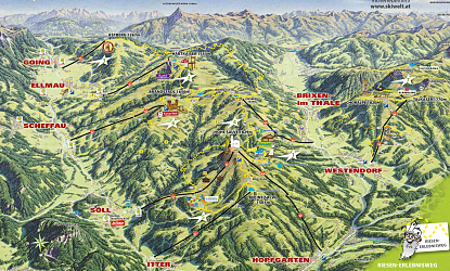 Panoramakarte einer Bergregion mit Skiliften und Wanderwegen, umgeben von grünen Tälern und hohen Gipfeln. Namen von Orten und Gipfeln sind verzeichnet.