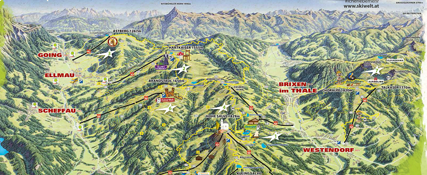 Karte einer alpinen Region mit Skigebieten, Bergbahnen und Pisten. Markierte Orte und Wege führen durch eine bergreiche Landschaft.