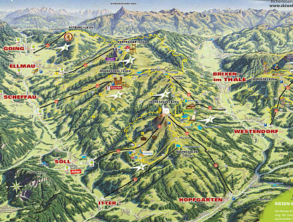 Skikarte von einem Berggebiet mit markierten Pisten, Liften und Bergnamen, darunter Hartkaiser und Hohe Salve, nahe Brixen im Thale.