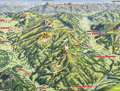 Panoramakarte eines Skigebietes mit verschiedenen Pisten, Berggipfeln, Liften und der Beschriftung "Brixen im Thale" im Zentrum.