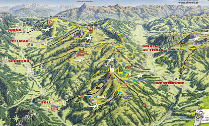 Panoramakarte eines Skigebietes mit verschiedenen Pisten, Berggipfeln, Liften und der Beschriftung "Brixen im Thale" im Zentrum.