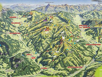 Illustratie van wandelroutes in de Kitzbüheler Alpen met bergen zoals Hartkaiser en Hohe Salve, en icoontjes voor bezienswaardigheden.