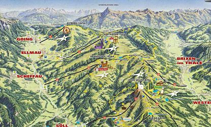 Illustratie van wandelroutes in de Kitzbüheler Alpen met bergen zoals Hartkaiser en Hohe Salve, en icoontjes voor bezienswaardigheden.