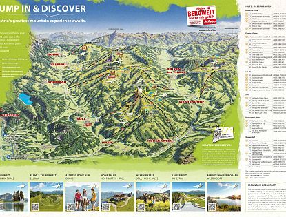 Map depicting ski routes and towns in the SkiWelt Wilder Kaiser-Brixental area, with marked paths, lifts, and nearby towns like Brixen and Westendorf.