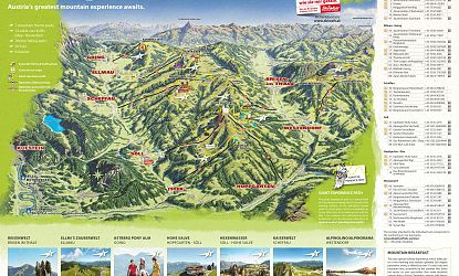 Map depicting ski routes and towns in the SkiWelt Wilder Kaiser-Brixental area, with marked paths, lifts, and nearby towns like Brixen and Westendorf.