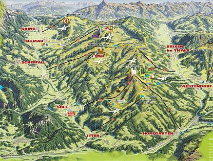 Kaart van Brixen im Thale in de Alpen, met wandelroutes, bergtoppen en hoogteverschillen. Locaties zoals Hohe Salve zijn gemarkeerd.