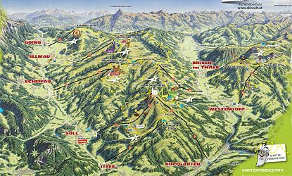Kaart van Brixen im Thale in de Alpen, met wandelroutes, bergtoppen en hoogteverschillen. Locaties zoals Hohe Salve zijn gemarkeerd.