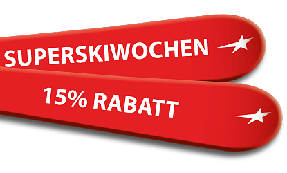 Zwei rote Skier mit weißem Text und Stern: "SUPERSKIWOCHEN" auf dem oberen Ski und "15% RABATT" auf dem unteren Ski. Hintergrund ist transparent.