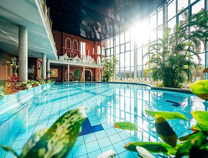 Helles Hallenbad mit blau gekacheltem Boden, umgeben von Palmen und Liegestühlen. Sonnenlicht strömt durch große Fenster, die den Raum erleuchten und eine tropische Atmosphäre schaffen.